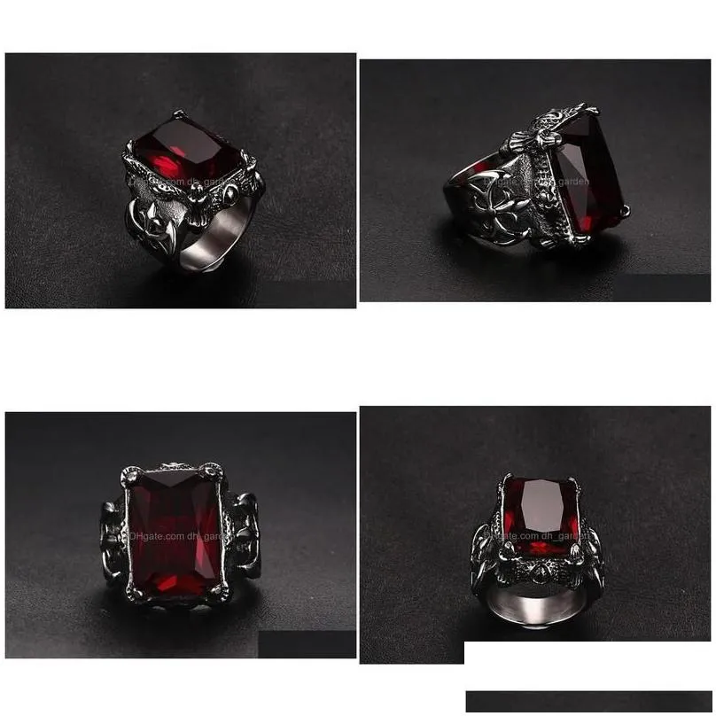 Cluster Rings Gothic Vintage Ruby Gemstones Red Zircon Diamonds For Men Titanium Stainless Steel Jewelry Bijoux Bague Punk Fashion D