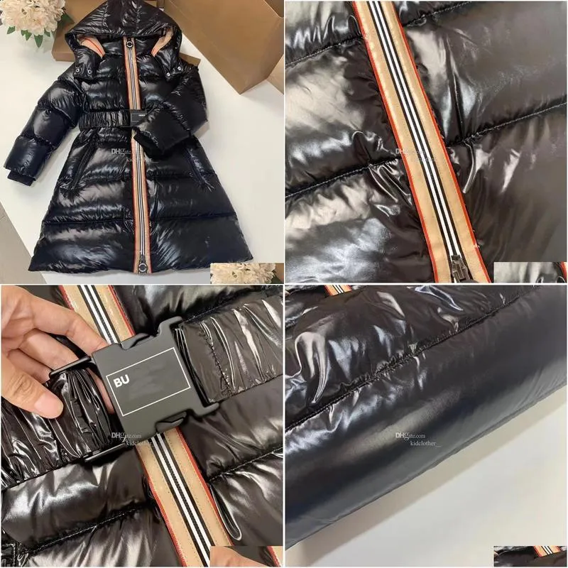girl hoodies Kids Coat baby clothes girls down jacket hooded Waist design long jackets luxury White goose down belt letter Comfortable warm Classic stripe