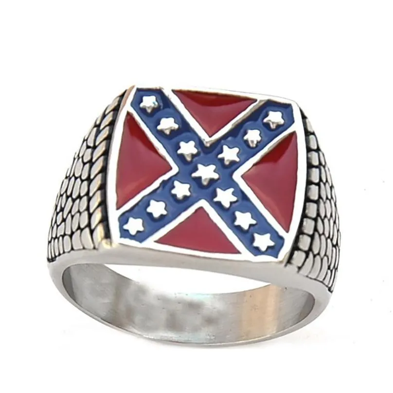 Solitaire Ring Mens Stainless Steel Federal American Federation Red Blue United States Us Flag Star Shape Cross X Intersect Confedera Dhwm0