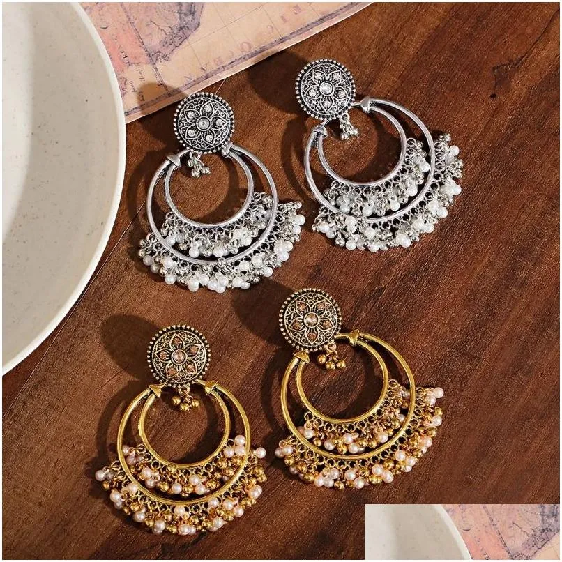 Dangle & Chandelier Retro Bohemia Round Jhumka Earrings For Women 2024 Indian Jewelry Ethnic Gold/Sier Color Flower Pearl Tassel Wedd Dhvg5