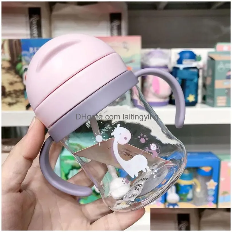 250ml food grade plastic baby feeding cup with straw leak proof cartoon children learn drinking bottle toddler training cups 240223