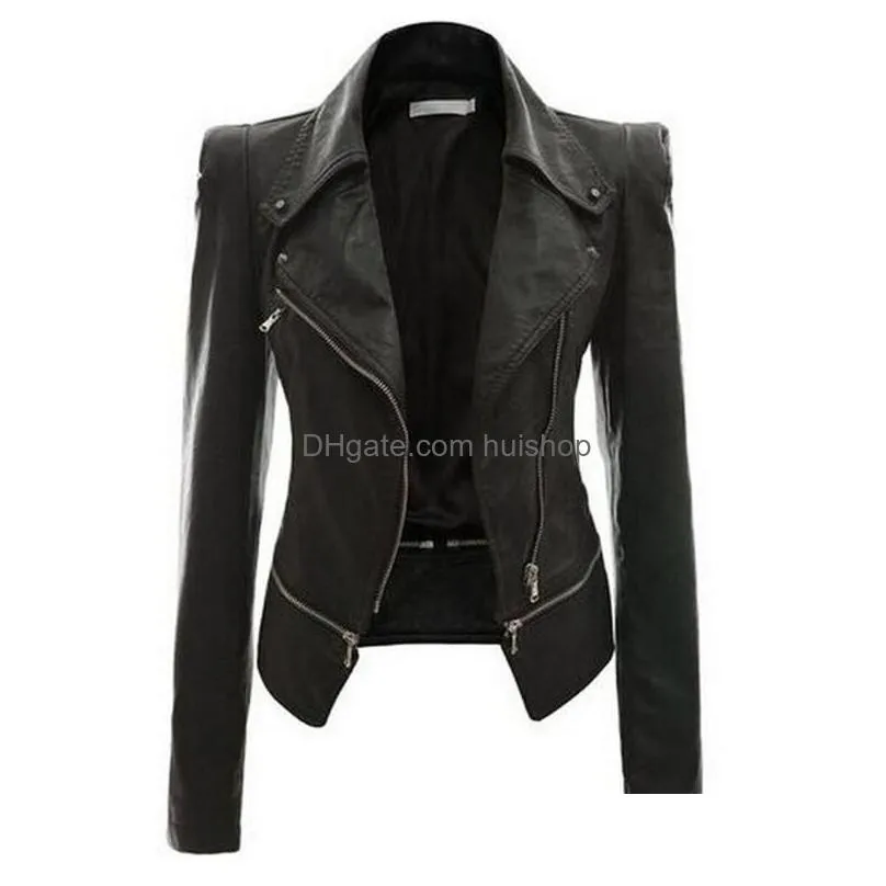 autumn punk style women pu leather jacket black slim zipper lapel collar motor cool street fashion plus size warm jackets