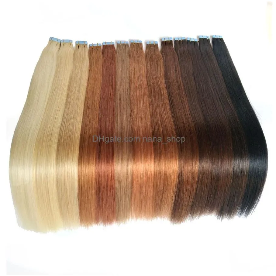 Skin Weft Hair Extensions New 100G 40Pcs Natural Black Brown Blonde Remy Tape In Human Mini Drop Delivery Products Dhmnu