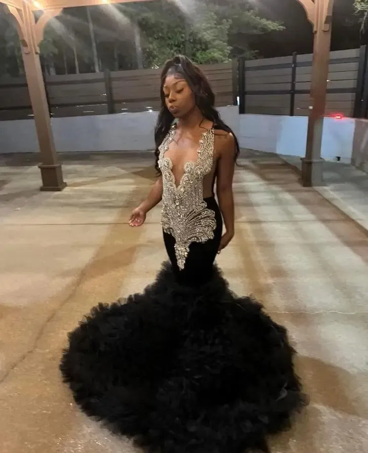 Sparkly Long Mermaid Evening Ceremony Dresses for Black Girl 2024 Luxury Diamond crystal Ruffles Prom Birthday Dress See Through