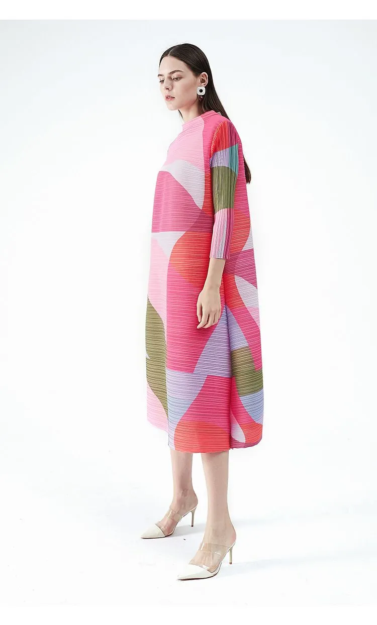 P0095# Plus Size Dresses Autumn Women`s Dress Loose Printed Pleats Mid Waist Lace Up A-line Skirt Commuting Style