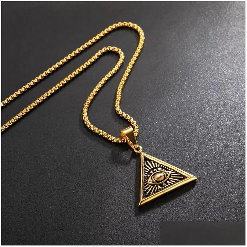 Pendant Necklaces Egyptian Egypt Pyramid Necklace 14K Yellow Gold All-Seeing Evil Eye Geometric Triangle Jewelry Drop Delivery Pendant Dhzmq