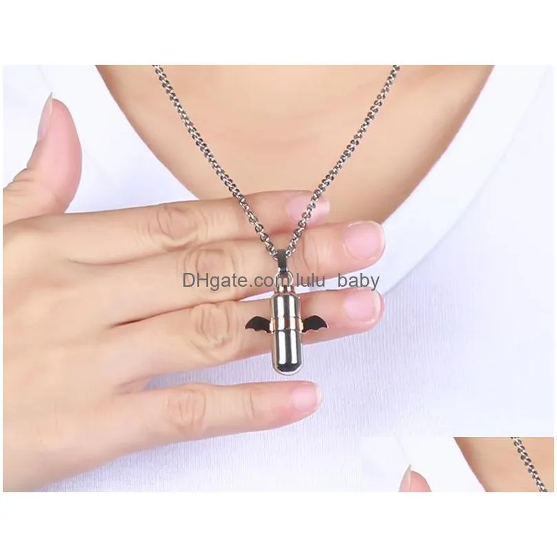 titanium steel urn lockets necklace cylinder case couples openable capsules pendant memorial chain lovers jewelry men women angels wings rose