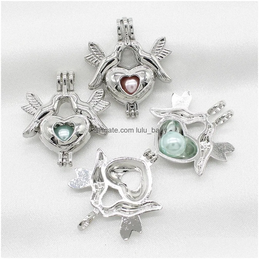  silver peace bird  heart pearl cage jewelry making pendant perfume essential oil diffuser lockets necklace charms