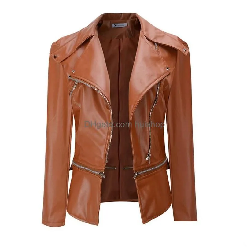 autumn punk style women pu leather jacket black slim zipper lapel collar motor cool street fashion plus size warm jackets