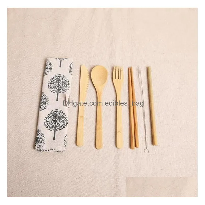 sets wooden dinnerware bamboo teaspoon fork soup knife catering cutlery set with cloth bag kitchen cooking tools utensil