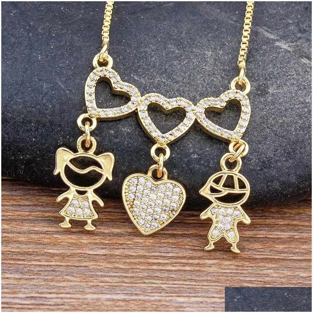 Pendant Necklaces Personalized Boy Girl Heart Zircon 14K Yellow Gold Necklace Women Kids Family Birthday Jewelry Mothers Day Gift Drop Dhlfd