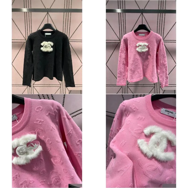 Women`S Sweaters 2023 Runway Winter Letter Pattern Knitting Fashion Fur Design Long Sleeve Casual O-Neck Women Plover Jumper Drop Del Dhvw6