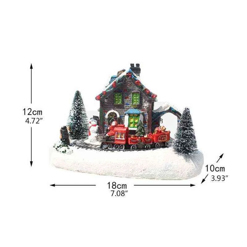 Creative Color LED Lights Christmas Small Train Village House Luminous Landscape Snow Figurines Resin Desktop Ornament 211105