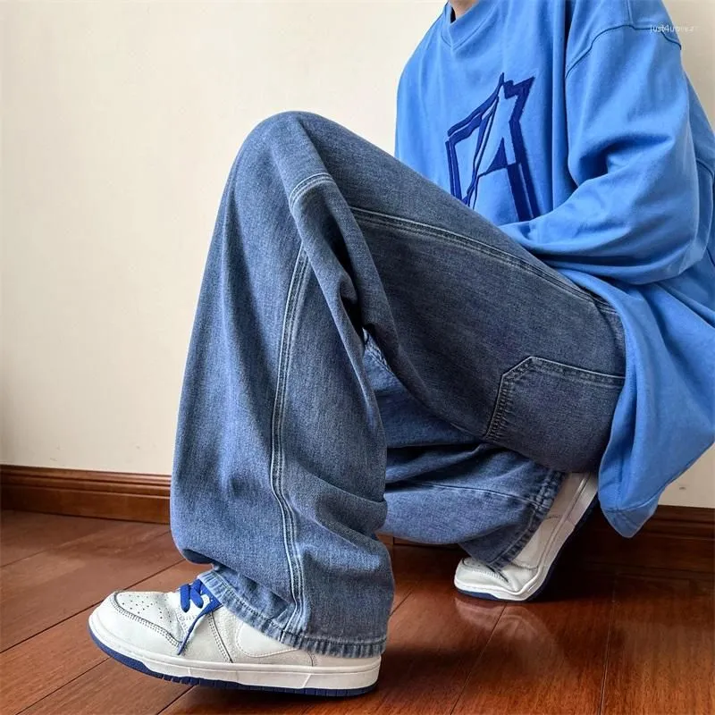 Blue Ankle Length Male Straight Men Streetwear Baggy Jeans Ins Washed Denim Pants Black Clothes