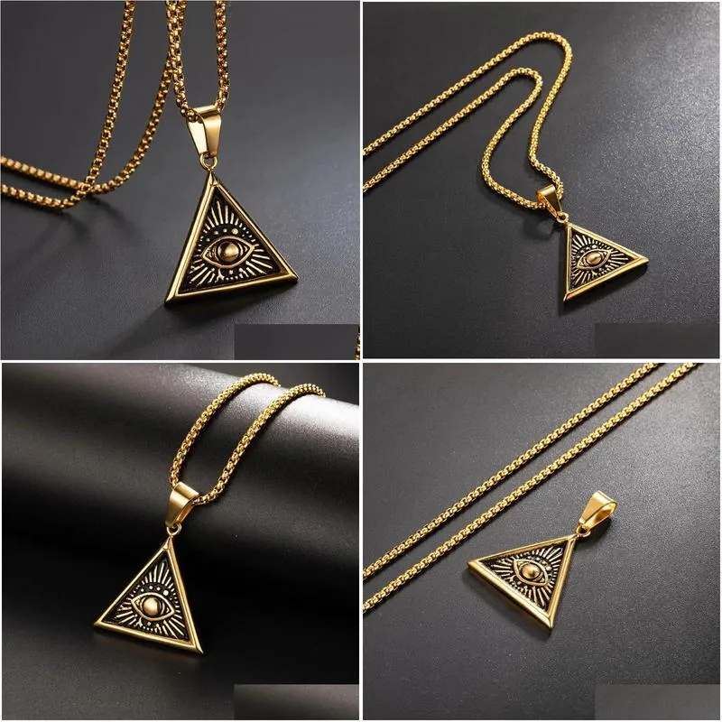 Pendant Necklaces Egyptian Egypt Pyramid Necklace 14K Yellow Gold All-Seeing Evil Eye Geometric Triangle Jewelry Drop Delivery Pendant Dhzmq