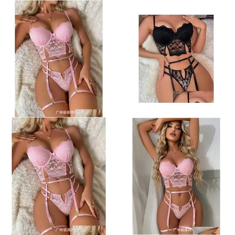 Sexy Set Y Heart-Ring Decor Lace Garter Lingerie Women 2Pcs Clothes Suit Sissy Clothing Hkd230814 Drop Delivery Apparel Underwear Dhw7W