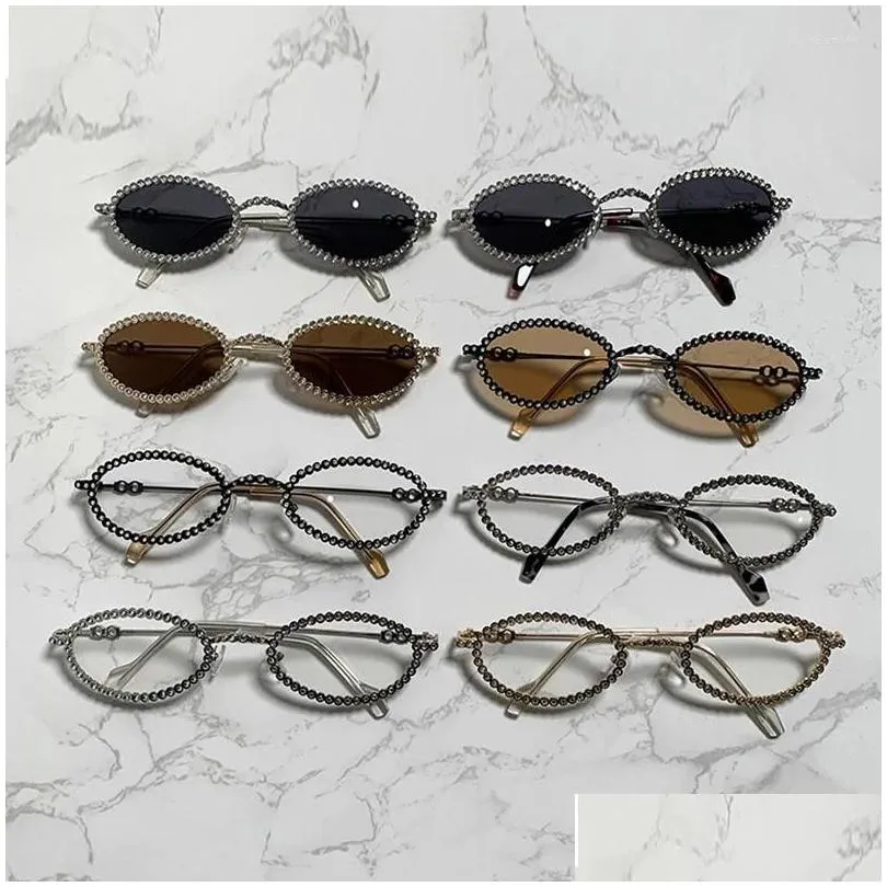 Sunglasses Luxury Rhinestone Bling Oval Women Fashion Vintage Metal Sier Sun Glasses Men Designer Feamle Shades Drop Delivery Dhe2L