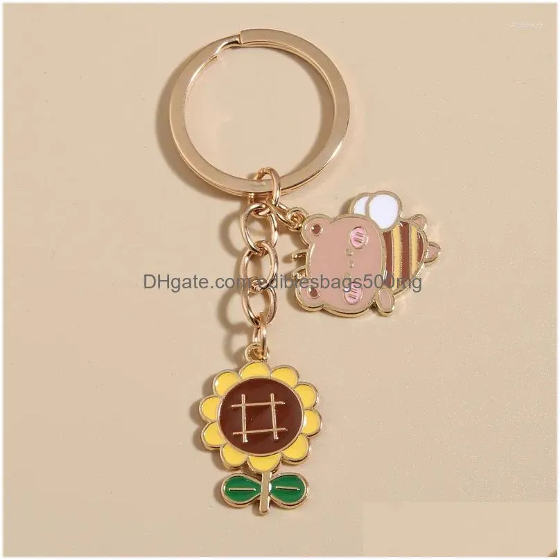 Other Home Decor Keychains Cute Enamel Keychain Sunflower Flying Bear Bee Key Ring Garden Chains For Women Men Friendship Gifts Hand Dhnvn