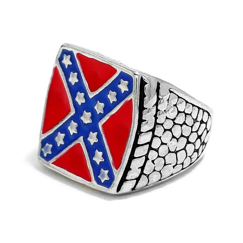 Solitaire Ring Mens Stainless Steel Federal American Federation Red Blue United States Us Flag Star Shape Cross X Intersect Confedera Dhwm0