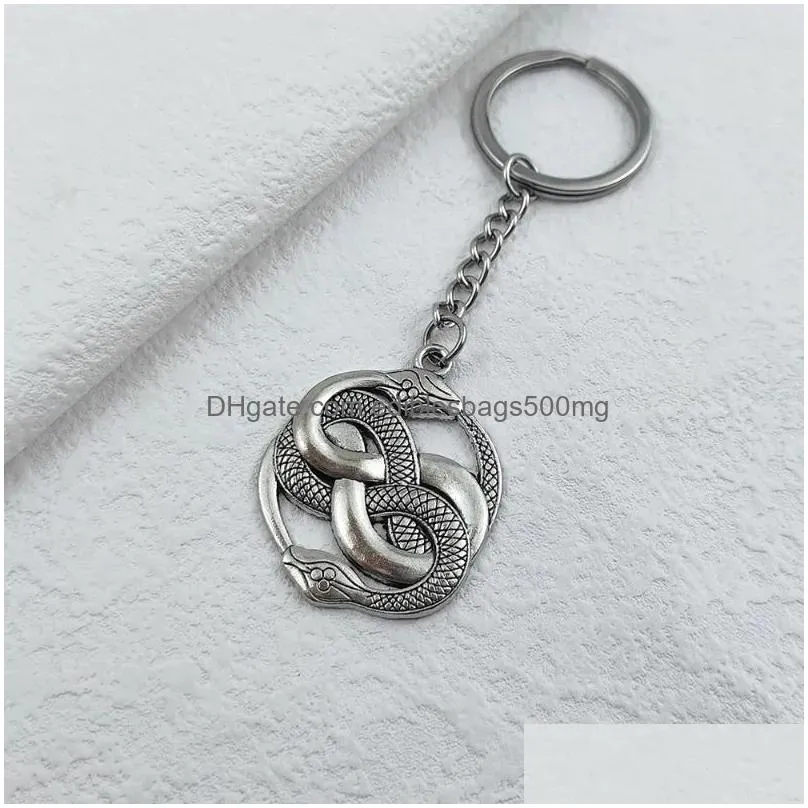 Other Home Decor Keychains Alloy Round Double Snake Key Chains Siery Animal Metal Keychain Keyring Gothic Jewelry Women Men Car Deco Dhvpm