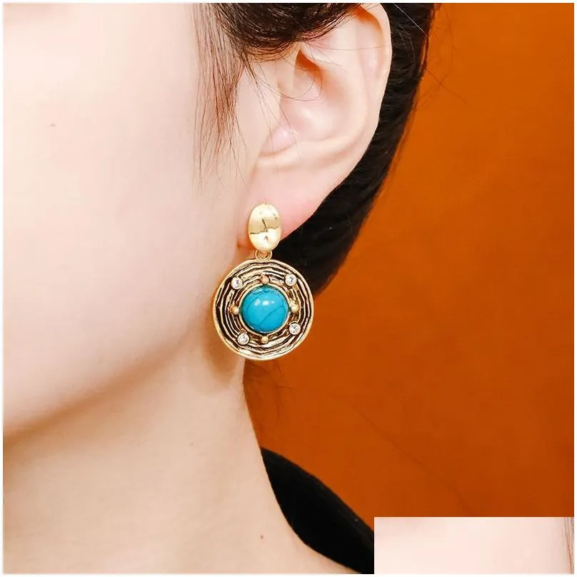 Dangle & Chandelier New Design Retro Turquoise Antique Style Earring Diamond 18K Gold Circar Pendant Ear Studs Ph-889 Drop Delivery J Dhf7E