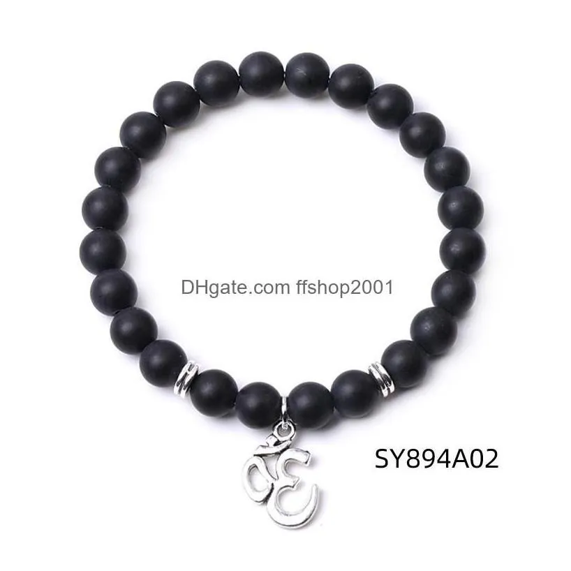 Beaded Fashion Om Pendant 8Mm Volcanic Stone Couple Strand Bracelet Charms Bracelets For Women Elasticity Yoga Bangle Men Jewelry Dr