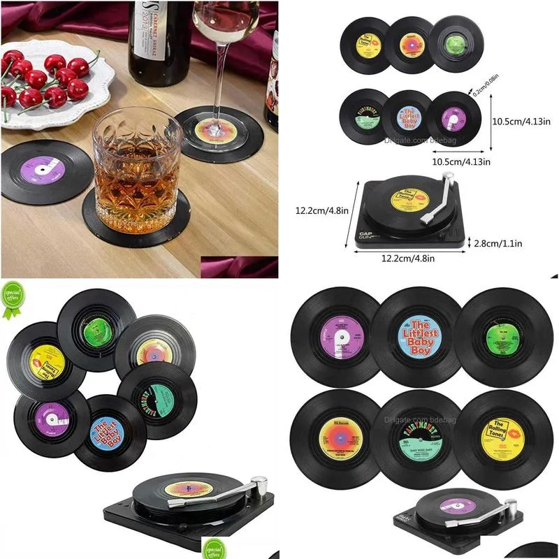  6pcs vinyl disk coasters with vinyl record player holder creative koffie mok cup onderzetters hitte endig antislip pads