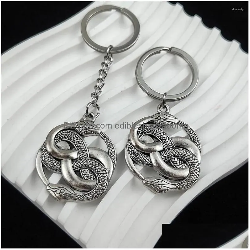 Other Home Decor Keychains Alloy Round Double Snake Key Chains Siery Animal Metal Keychain Keyring Gothic Jewelry Women Men Car Deco Dhvpm