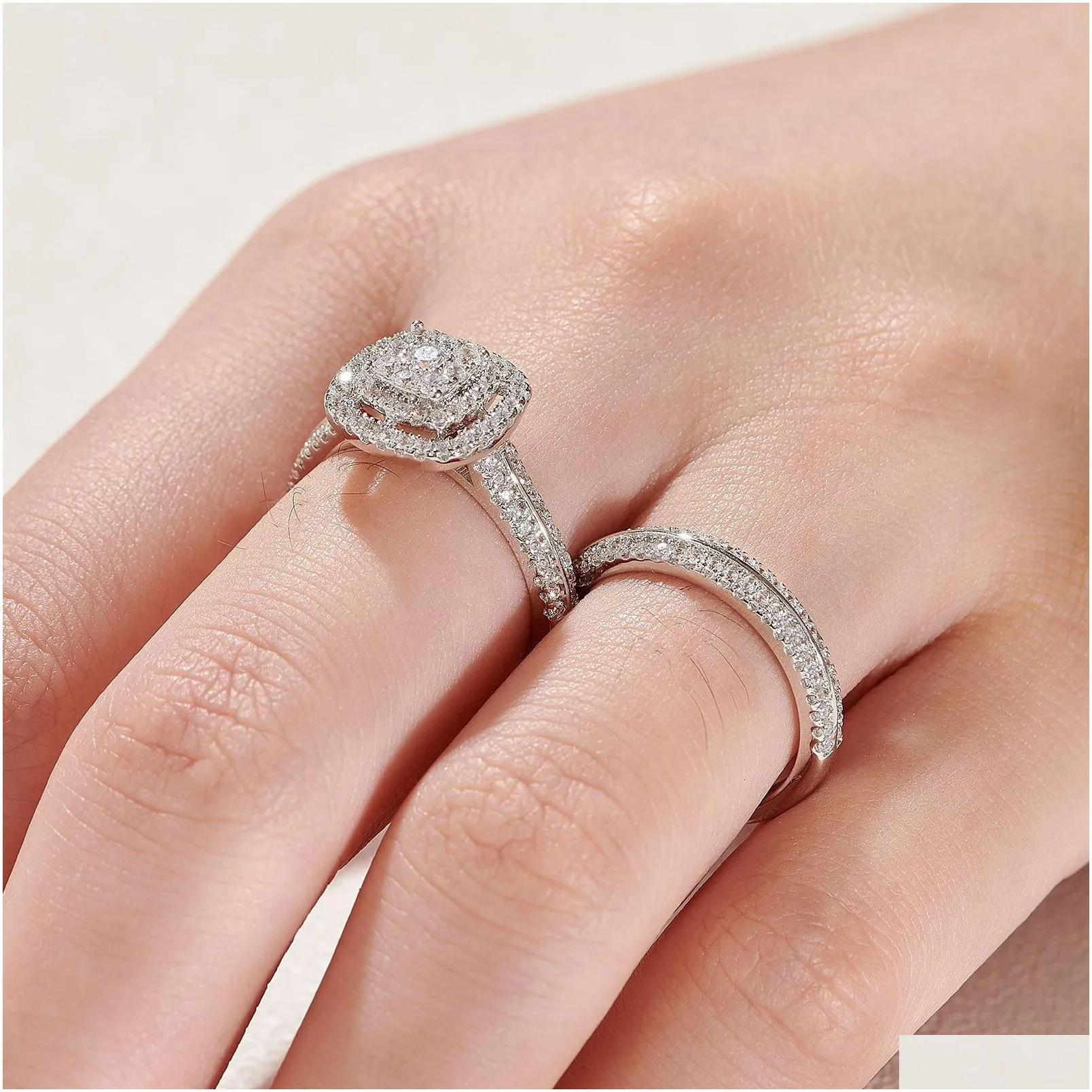 Solitaire Ring she 2Pcs Wedding Rings for Women Solid 925 Sterling Silver Engagement Ring Bridal Set 1.6Ct Halo Round Cut AAAAA Zircon
