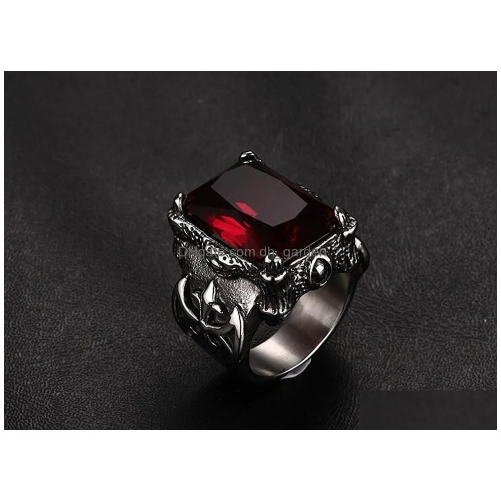 Cluster Rings Gothic Vintage Ruby Gemstones Red Zircon Diamonds For Men Titanium Stainless Steel Jewelry Bijoux Bague Punk Fashion D