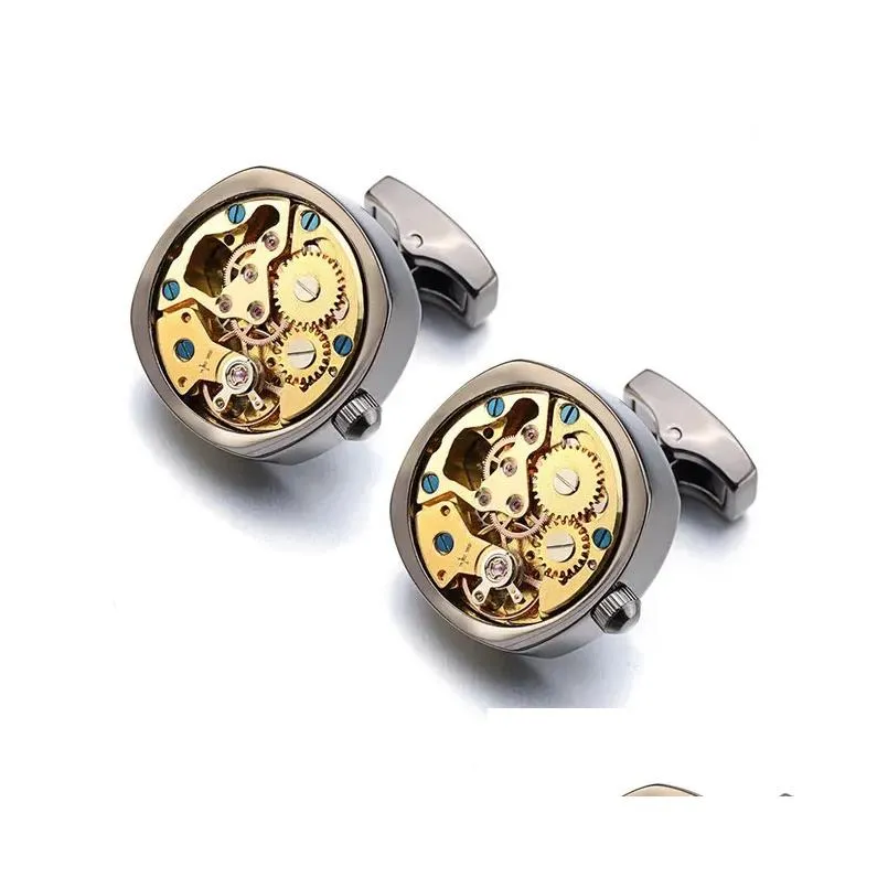 Cuff Links Watch Movement Cufflinks For Immovable Stainless Steel Steampunk Gear Mechanism Mens Relojes Gemelos 240419 Drop Delivery J Dhkd0