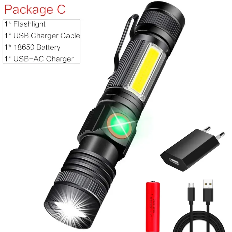 8000LM USB Rechargeable Flashlight Super Bright Magnetic LED Torch with Cob Sidelight a pocket clip Zoomable for Camping 2103224484341