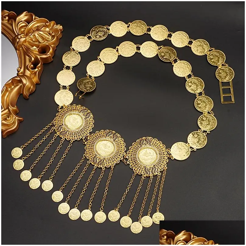 Belly Chains Oman Kurdistan Women Body Chain Coin Tassel Waist Middle East Bridal Jewelry Turkey Gold Plated Belt 230808 Drop Deliver Dhbso