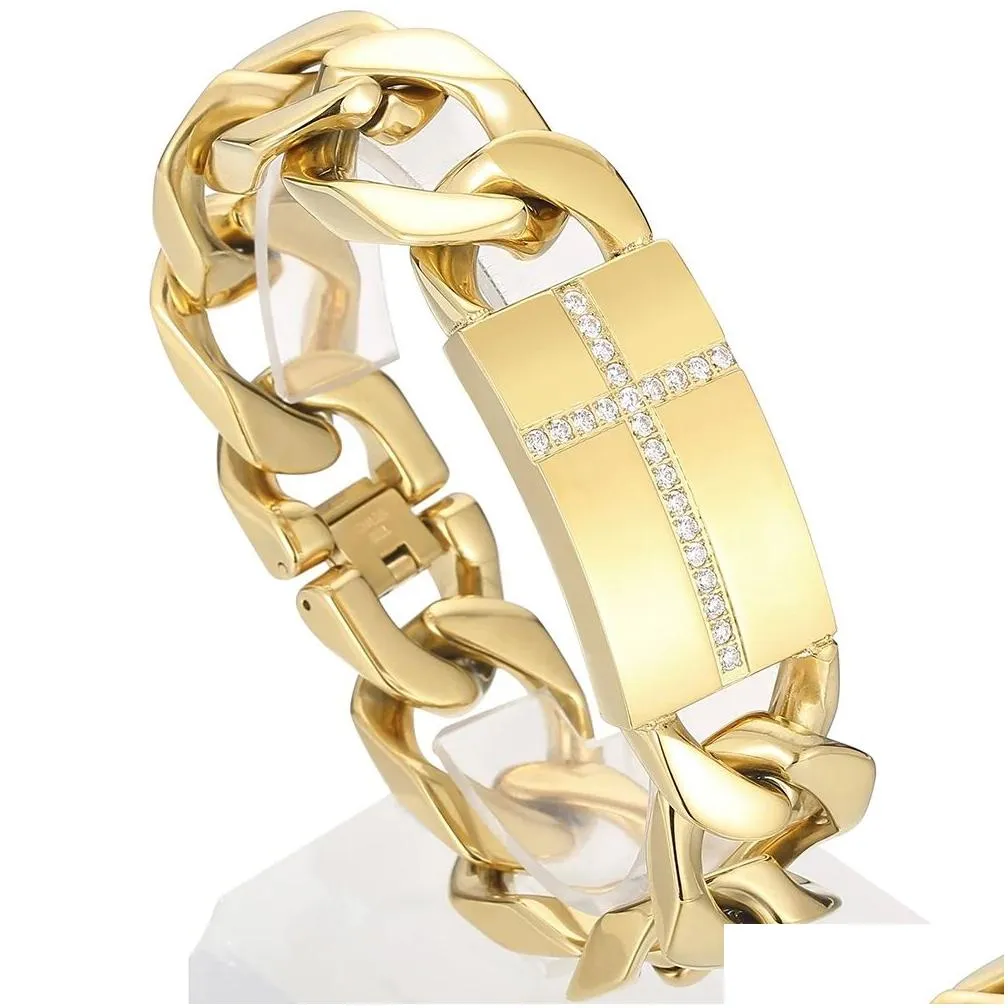 Chain Luxury Golden 14K Yellow Gold Cross Bracelet For Men 20Mm Curb Cuban Mens Bracelets Faith Christian Gifts Jewelry Drop Delivery Dh3Fg