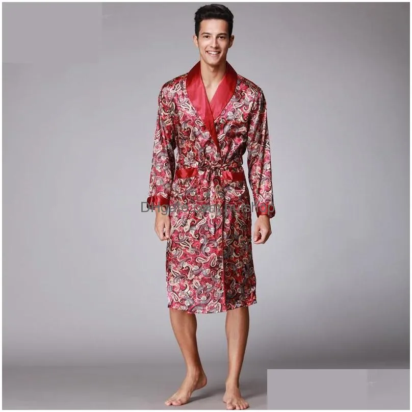 v-neck faux silk male sleepwear nightwear male satin bath robe mens luxury paisley pattern bathrobe kimono robes