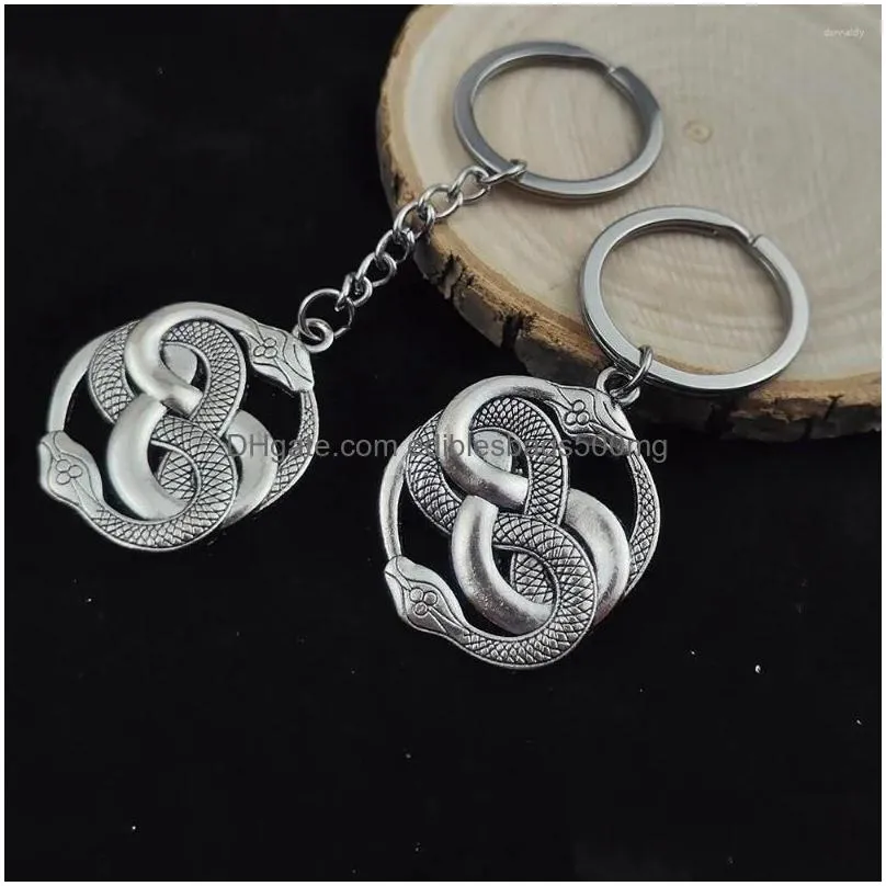Other Home Decor Keychains Alloy Round Double Snake Key Chains Siery Animal Metal Keychain Keyring Gothic Jewelry Women Men Car Deco Dhvpm