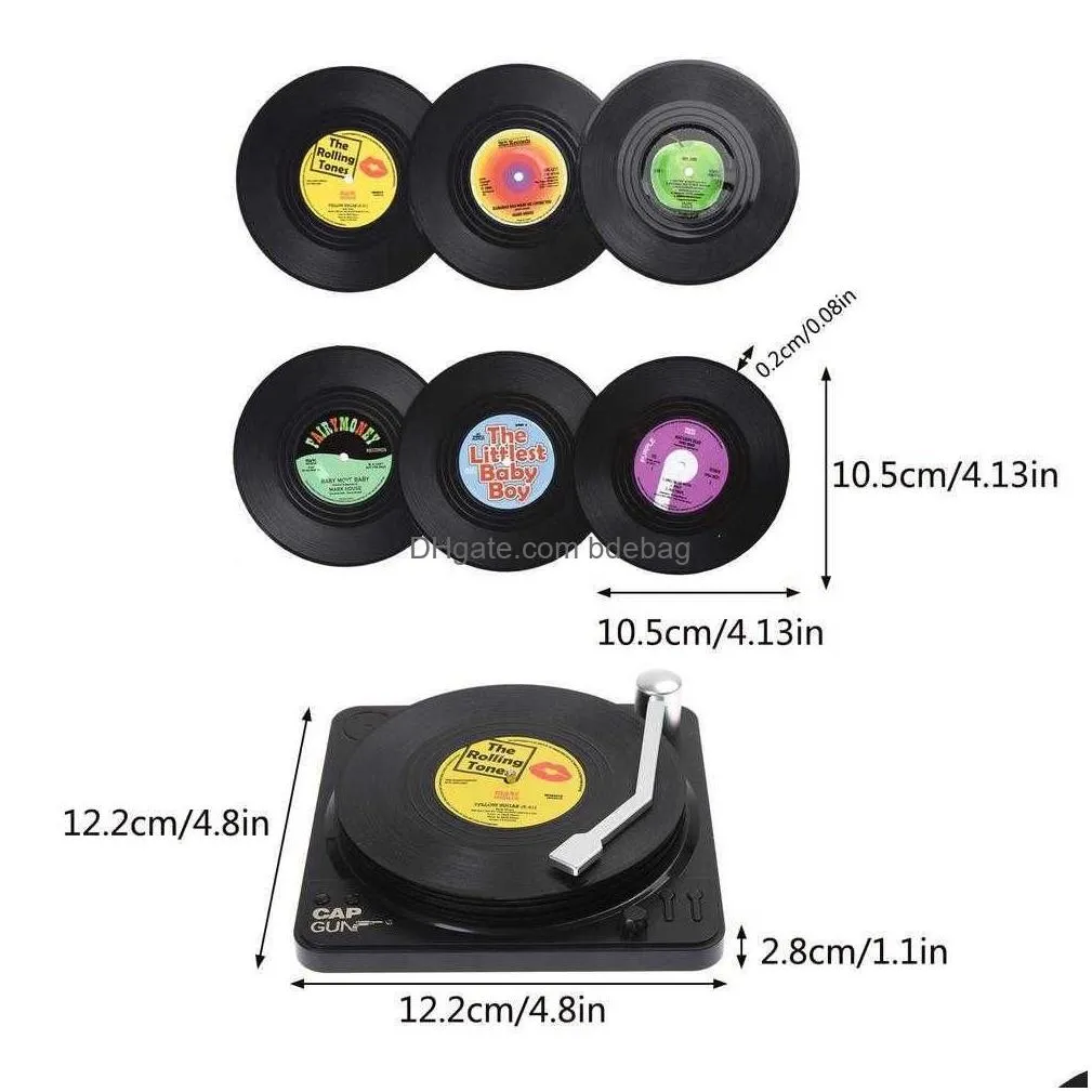  6pcs vinyl disk coasters with vinyl record player holder creative koffie mok cup onderzetters hitte endig antislip pads