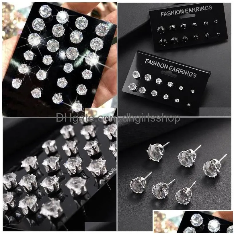 Charm 6/12 Pair/Pack Shiny Stud Earrings Set For Women Men Crystal Jewelry Ear Studs Accessories Earring Drop Delivery Dhvtg