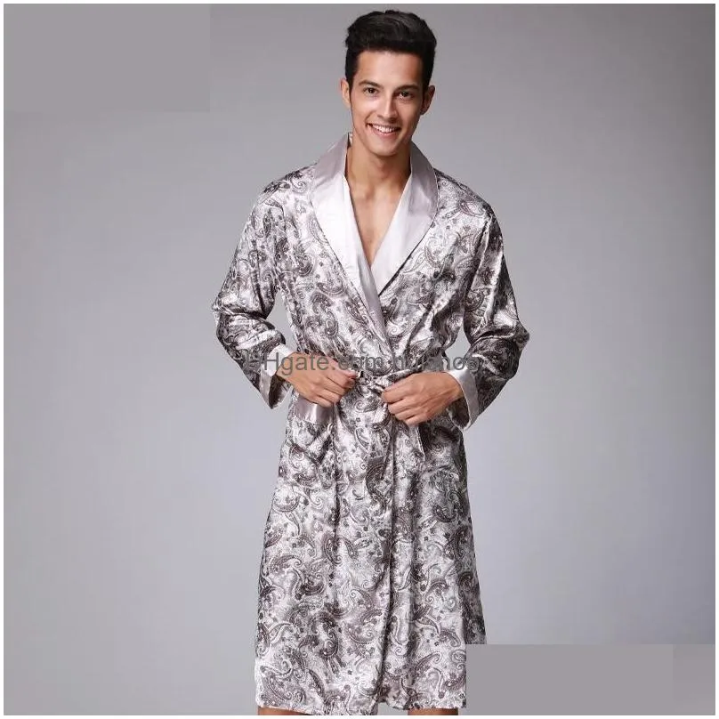 v-neck faux silk male sleepwear nightwear male satin bath robe mens luxury paisley pattern bathrobe kimono robes