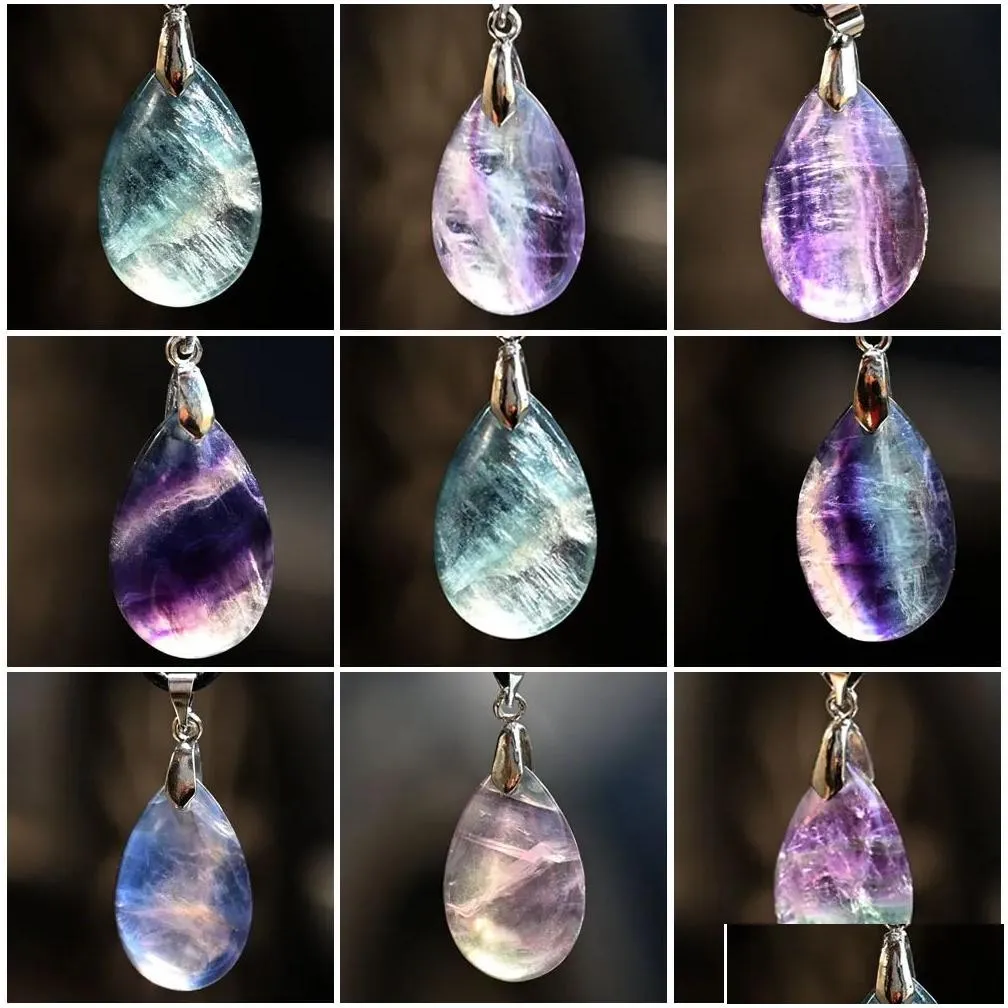 Pendant Necklaces Natural Crystal Colorf Fluorite Water Drop Necklace For Women Party Jewelry Gift Delivery Pendants Dh0Vd