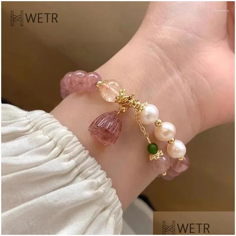 Beaded Strand Fashion Stberry Crystal Pink Beads Bracelet Personalized Lotus Shaped Pendant Temperament Drop Delivery Jewelry Bracele Dhhd9
