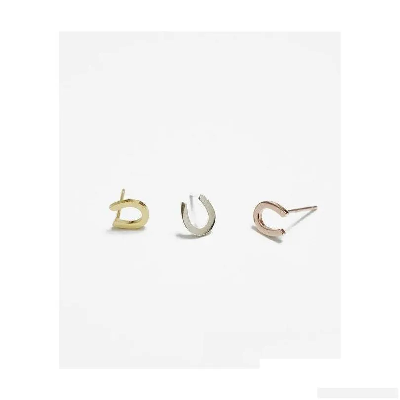 Stud 10Pair S045 Gold Sier Lucky Horseshoe Stud Earrings Horse Shoe Hoof Cute Letter Alphabet Initial U Drop Delivery Jewelry Dhtsb