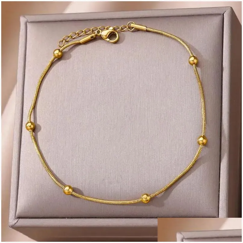Anklets For Women 14K Yellow Gold Golden Color Chain Anklet Female Summer Beach Accessories Foot Leg Bracelets Fashion Jewelry Drop D Dh0Yt