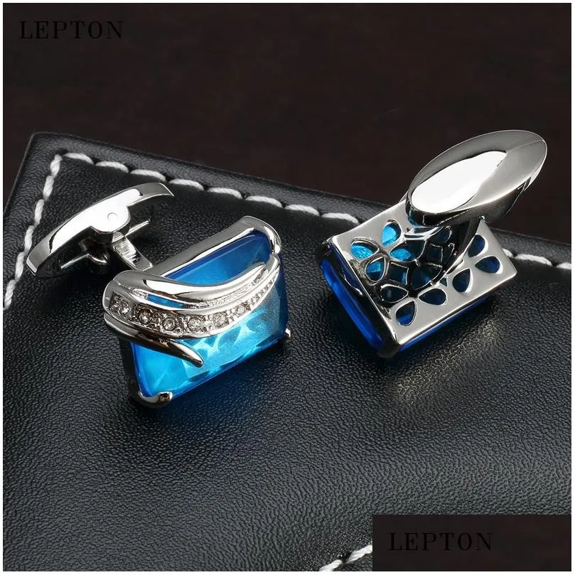 Cuff Links Lowkey Luxury Blue Glass Cufflinks For Mens Lepton Brand High Quality Square Crystal Shirt Relojes Gemelos Drop Delivery Dhsxf