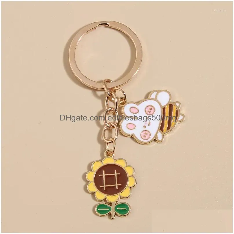 Other Home Decor Keychains Cute Enamel Keychain Sunflower Flying Bear Bee Key Ring Garden Chains For Women Men Friendship Gifts Hand Dhnvn