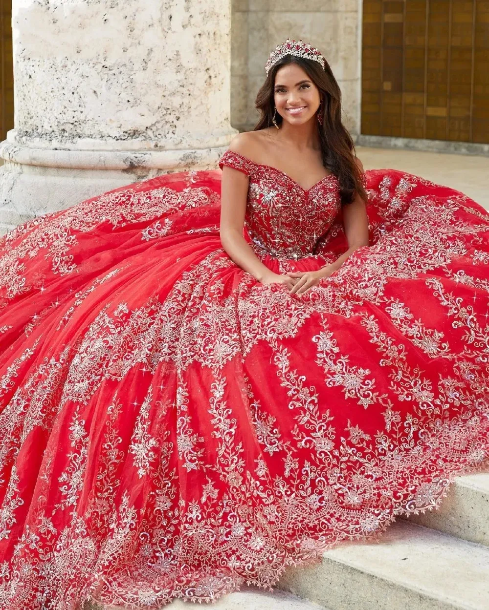 Red Lace Ball Gown Quinceanera Dresses Sequined Off The Shoulder Princess Prom Gowns Sweep Train Tulle Sweet 15 Masquerade Dress
