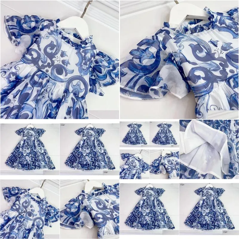 brand designer girls dress Fashion children`s dresses Blue and white porcelain pattern printing baby clothing