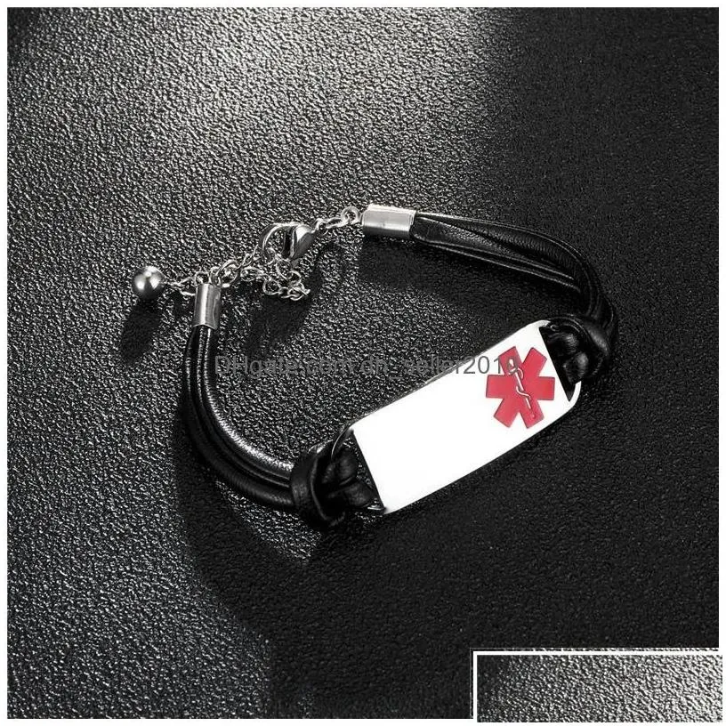 Charm Bracelets New Luxury Designer Stainless Steel Womens Medical Id Chain Leather Bracelet Christmas Wristband Jewelry Gi Dhkhv