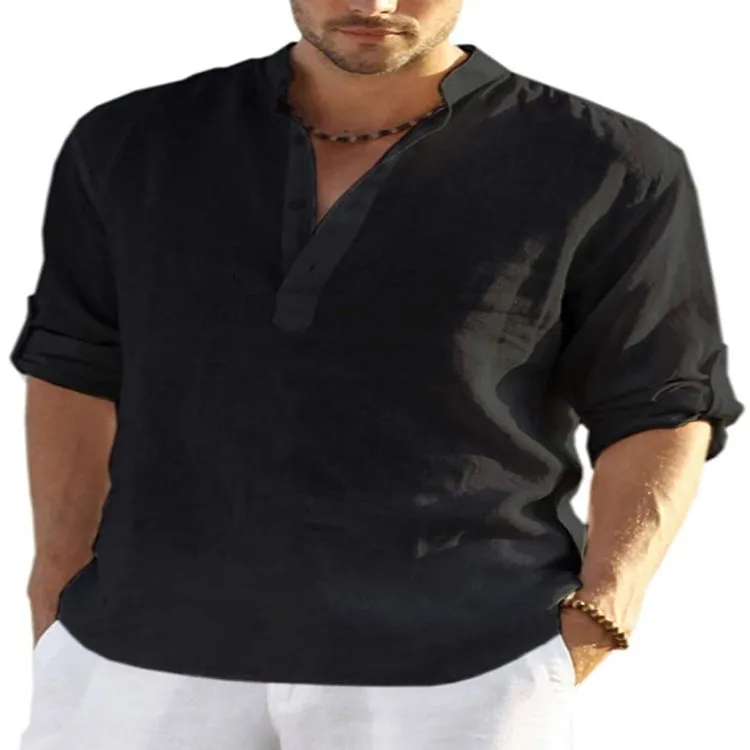 Men Loose Button Shirt Fashion V Neck Solid Color Long Sleeve Cuff Belt Shirt Summer Casual Daily Shirt Tops Camisa Masculin