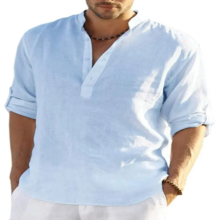 Men Loose Button Shirt Fashion V Neck Solid Color Long Sleeve Cuff Belt Shirt Summer Casual Daily Shirt Tops Camisa Masculin